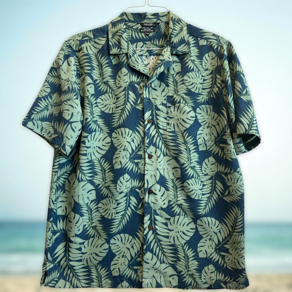 George Relaxed Fit Tropical Leaf Shirt Men’s M Aloha Monstera Print